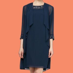 S.L. Fashions Chiffon Jacket Dress 2 Piece Set Bead Neck Deep Navy Size 10 SLNY